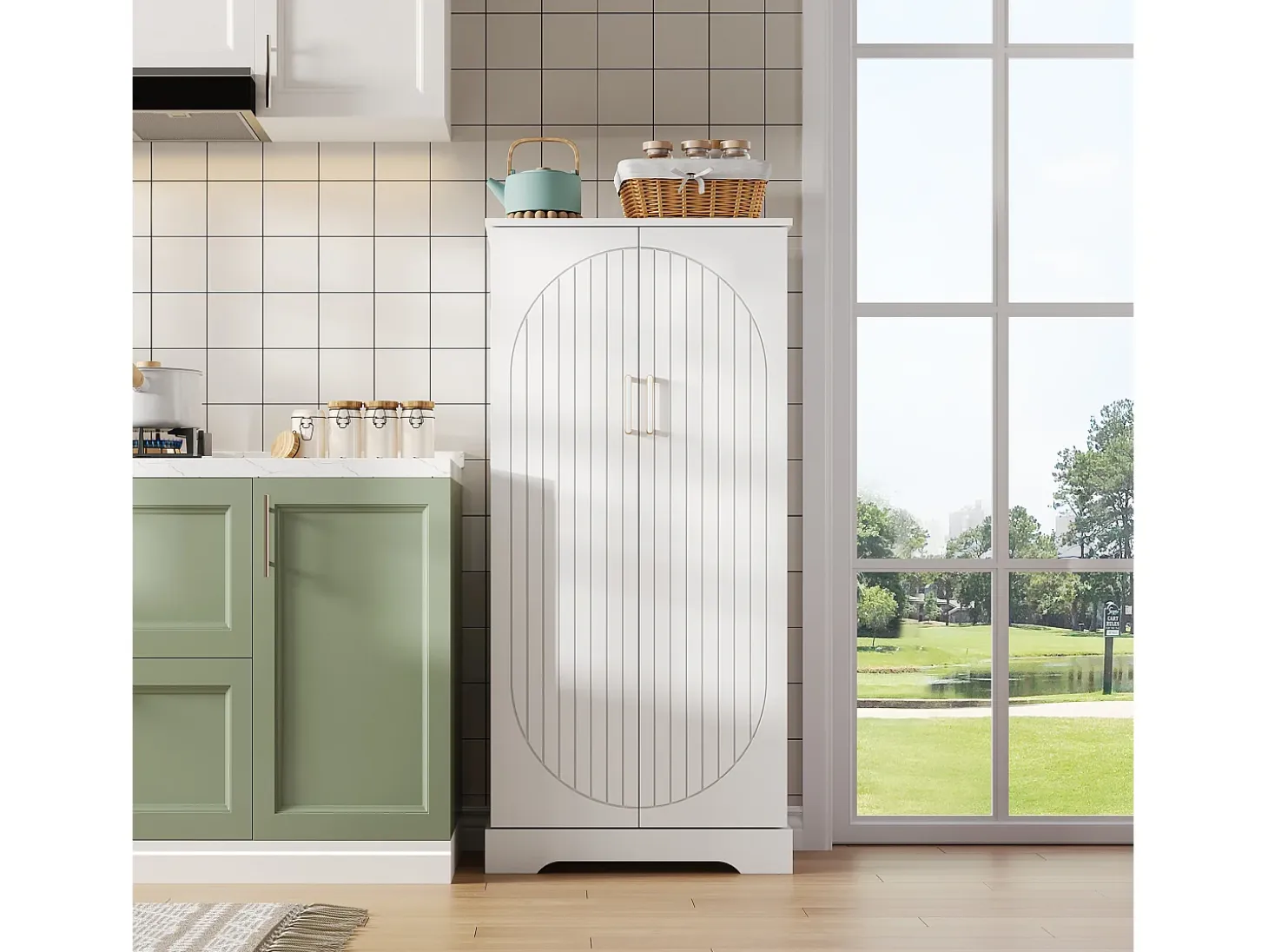 Aparador de cocina con 2 puertas y sensor LED - Rayas verticales ovaladas - Blanco