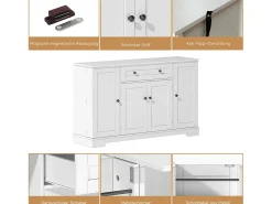 Aparador de cocina con 4 puertas y 1 cajón - 138 x 40 x 85 cm - Madera MDF - Estantes regulables - Blanco