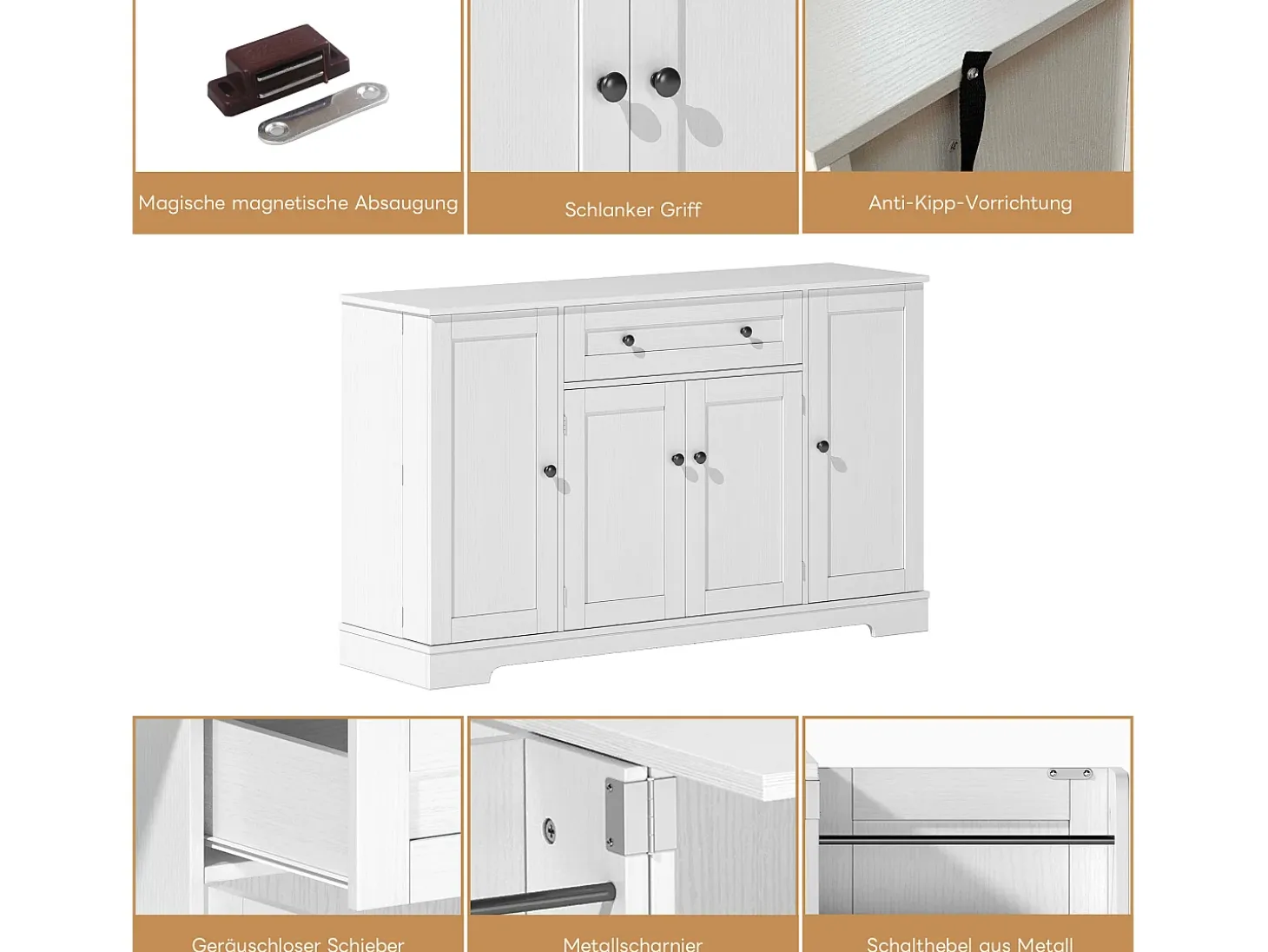Aparador de cocina con 4 puertas y 1 cajón - 138 x 40 x 85 cm - Madera MDF - Estantes regulables - Blanco