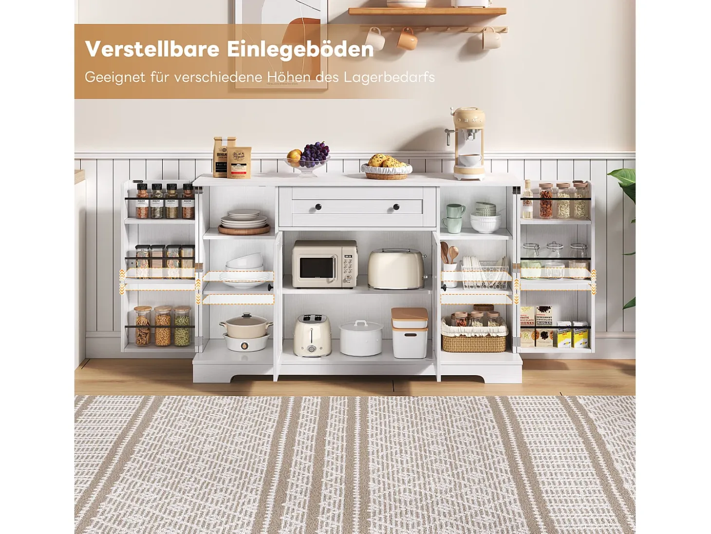 Aparador de cocina con 4 puertas y 1 cajón - 138 x 40 x 85 cm - Madera MDF - Estantes regulables - Blanco