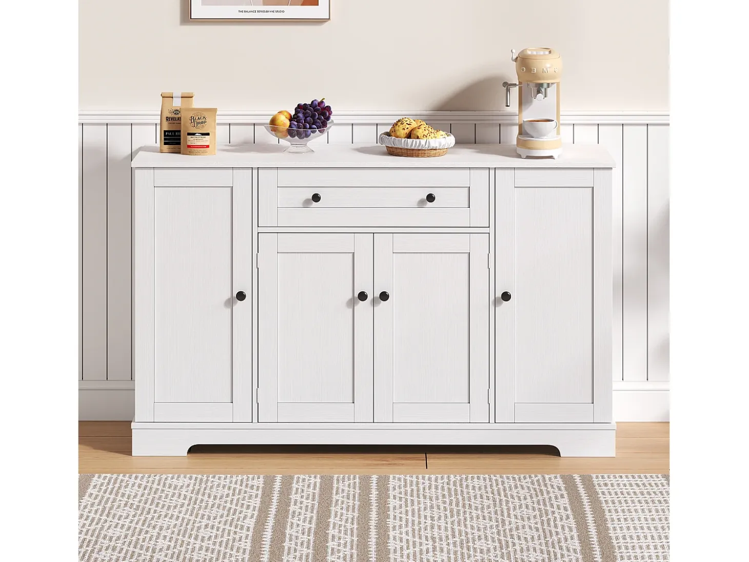 Aparador de cocina con 4 puertas y 1 cajón - 138 x 40 x 85 cm - Madera MDF - Estantes regulables - Blanco