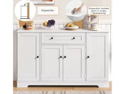 Aparador de cocina con 4 puertas y 1 cajón - 138 x 40 x 85 cm - Madera MDF - Estantes regulables - Blanco