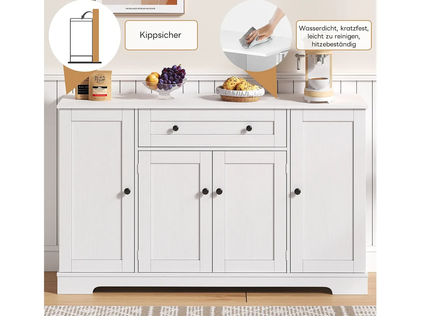 Aparador de cocina con 4 puertas y 1 cajón - 138 x 40 x 85 cm - Madera MDF - Estantes regulables - Blanco