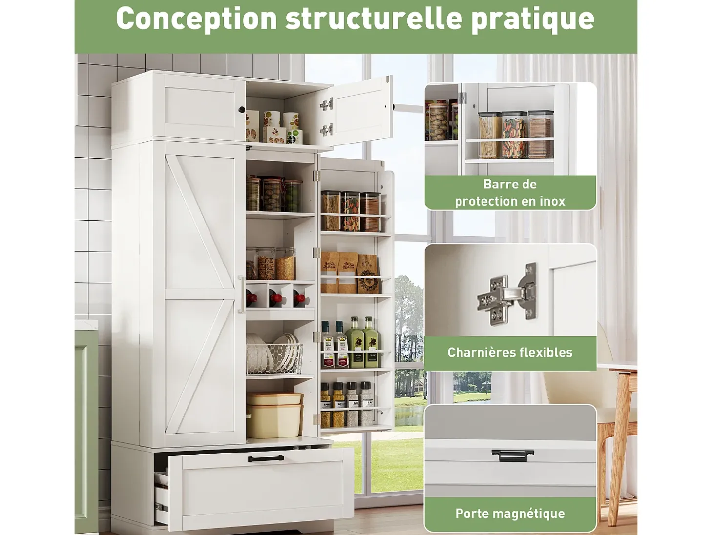Aparador de cocina con 4 puertas y 1 cajón, aparador alto con tirador de metal retro, blanco