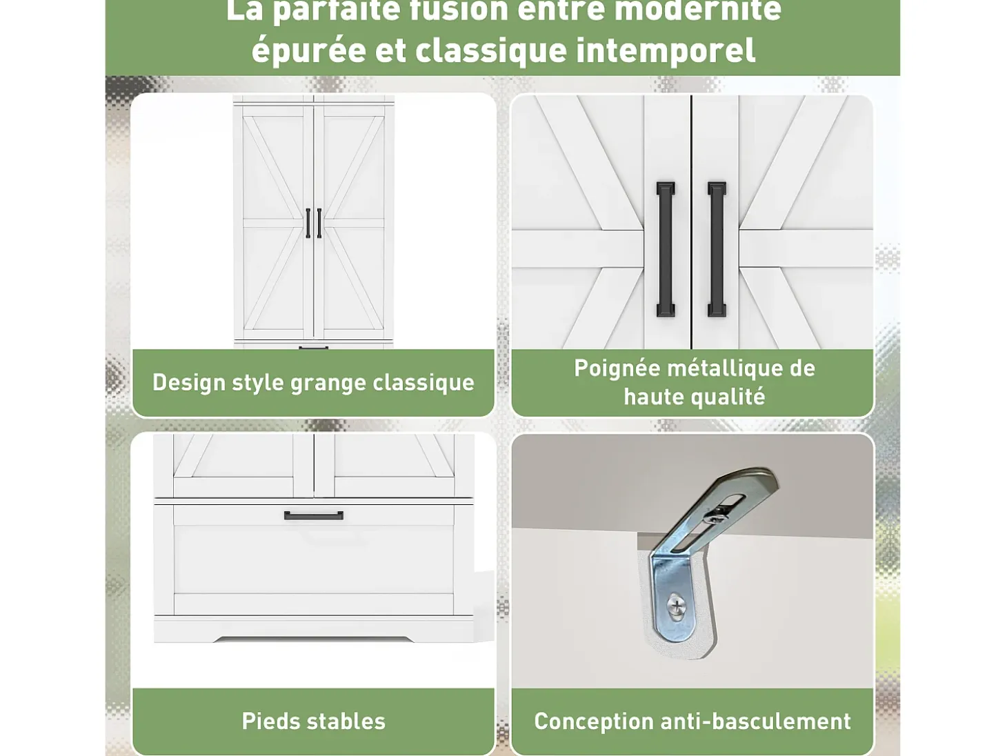 Aparador de cocina con 4 puertas y 1 cajón, aparador alto con tirador de metal retro, blanco