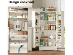 Aparador de cocina con almacenaje 60×35×128 cm con LED - Aparador de madera para cocina y salón, blanco