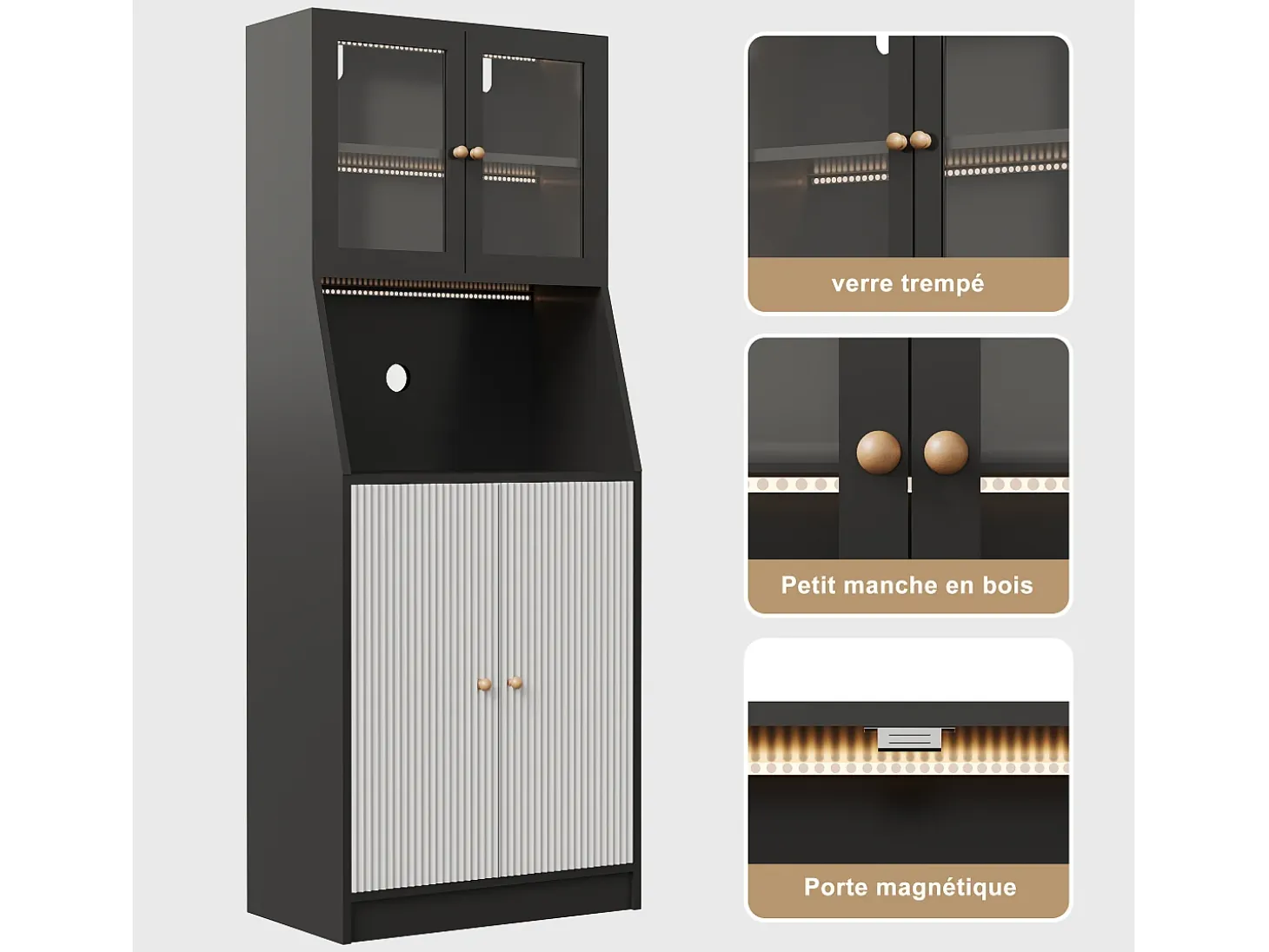 Aparador de cocina con encimera, almacenaje integrado, aparador, almacenaje con tira LED, 70 x 40 x 180 cm, mueble de cocina, negro
