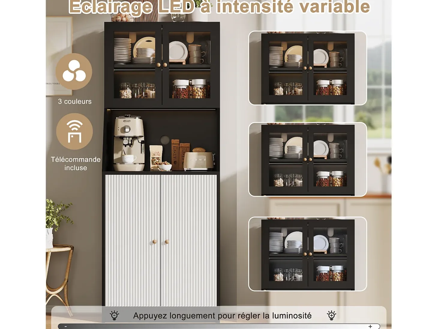 Aparador de cocina con encimera, almacenaje integrado, aparador, almacenaje con tira LED, 70 x 40 x 180 cm, mueble de cocina, negro