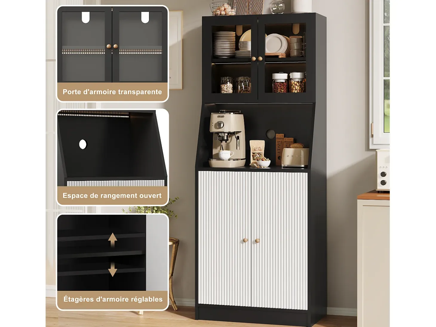 Aparador de cocina con encimera, almacenaje integrado, aparador, almacenaje con tira LED, 70 x 40 x 180 cm, mueble de cocina, negro
