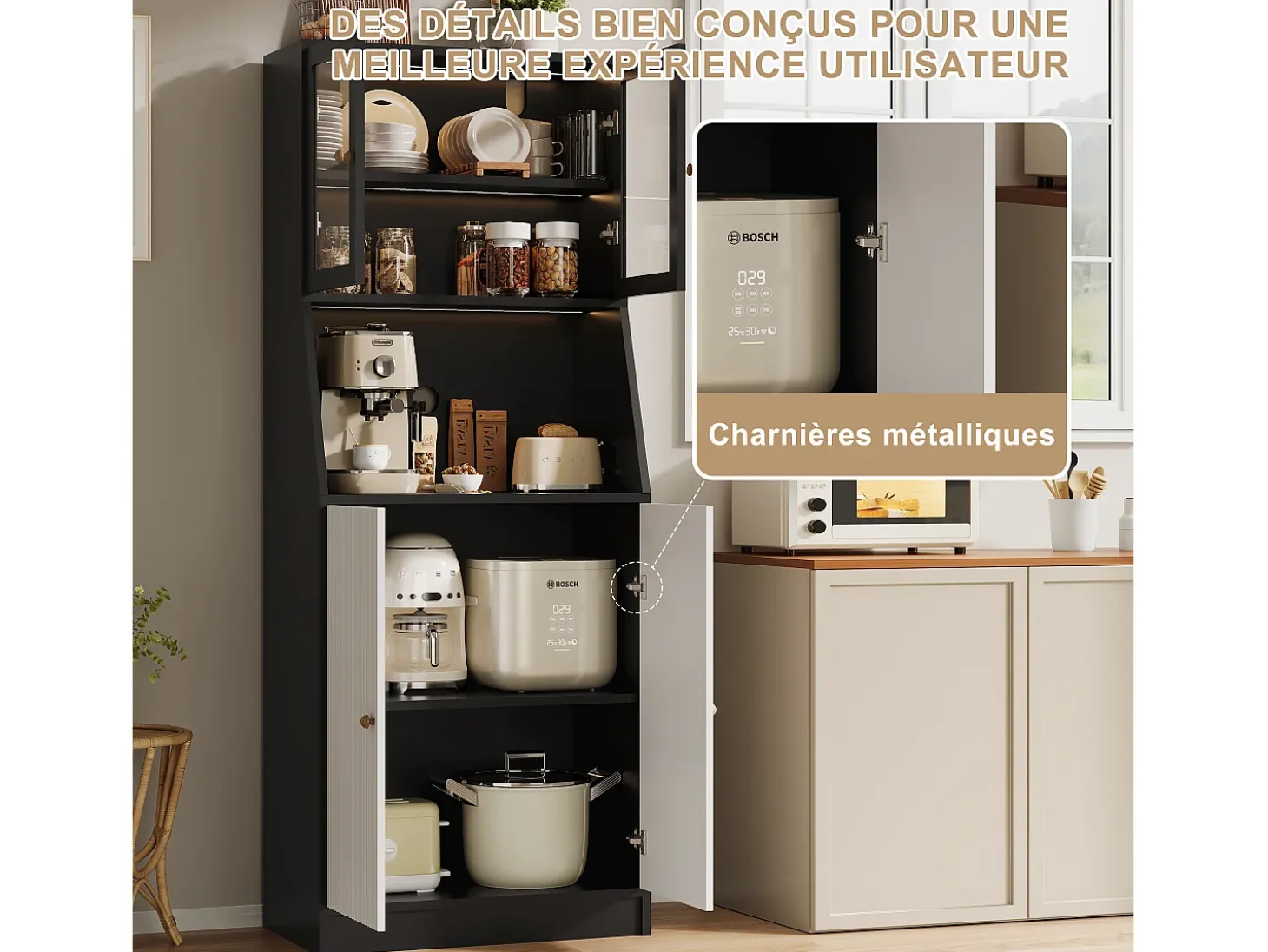 Aparador de cocina con encimera, almacenaje integrado, aparador, almacenaje con tira LED, 70 x 40 x 180 cm, mueble de cocina, negro