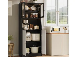 Aparador de cocina con encimera, almacenaje integrado, aparador, almacenaje con tira LED, 70 x 40 x 180 cm, mueble de cocina, negro