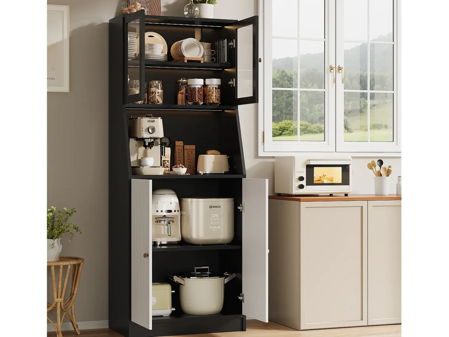 Aparador de cocina con encimera, almacenaje integrado, aparador, almacenaje con tira LED, 70 x 40 x 180 cm, mueble de cocina, negro