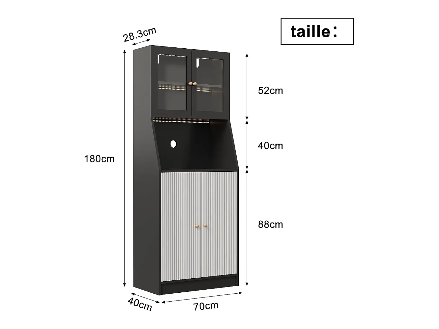 Aparador de cocina con encimera, almacenaje integrado, aparador, almacenaje con tira LED, 70 x 40 x 180 cm, mueble de cocina, negro