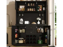 Aparador de cocina con estantes regulables y botellero, MDF, negro (120x40x188 cm)