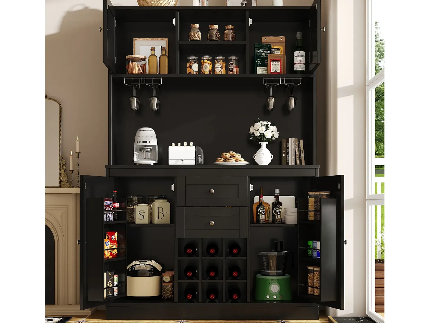 Aparador de cocina con estantes regulables y botellero, MDF, negro (120x40x188 cm)