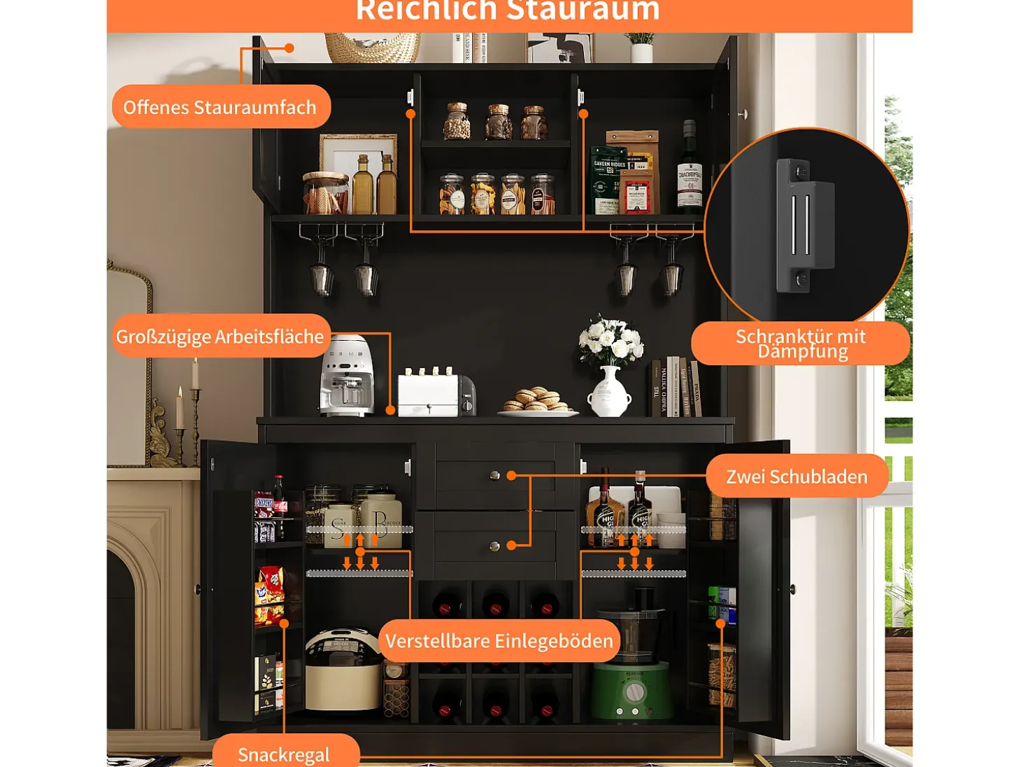 Aparador de cocina con estantes regulables y botellero, MDF, negro (120x40x188 cm)