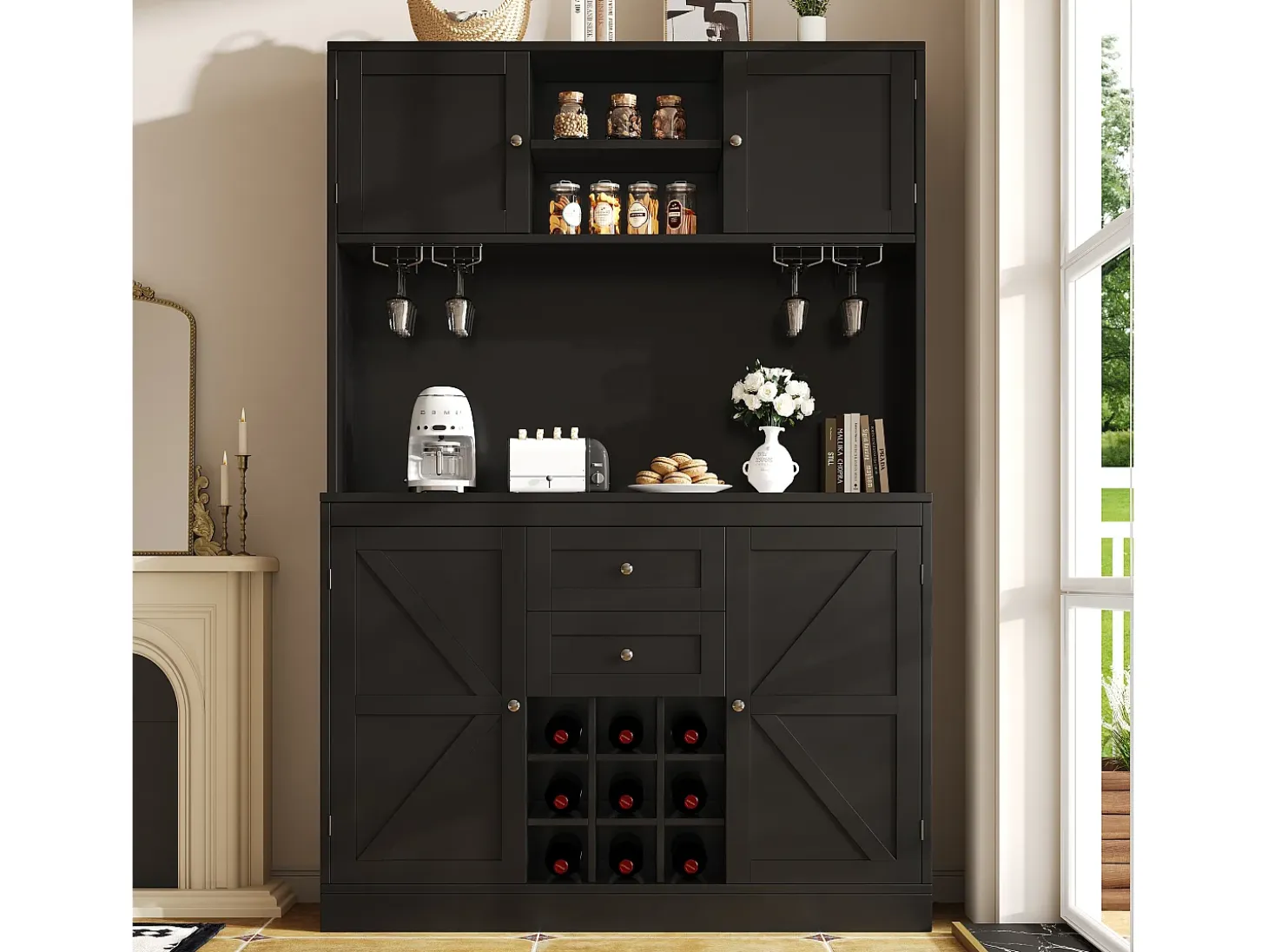 Aparador de cocina con estantes regulables y botellero, MDF, negro (120x40x188 cm)