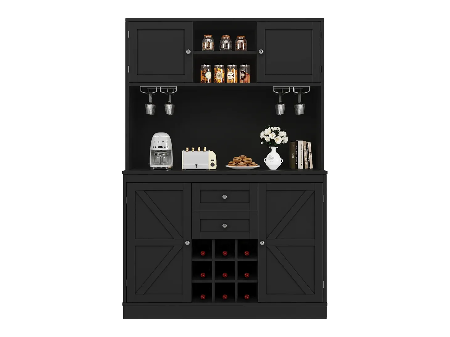 Aparador de cocina con estantes regulables y botellero, MDF, negro (120x40x188 cm)