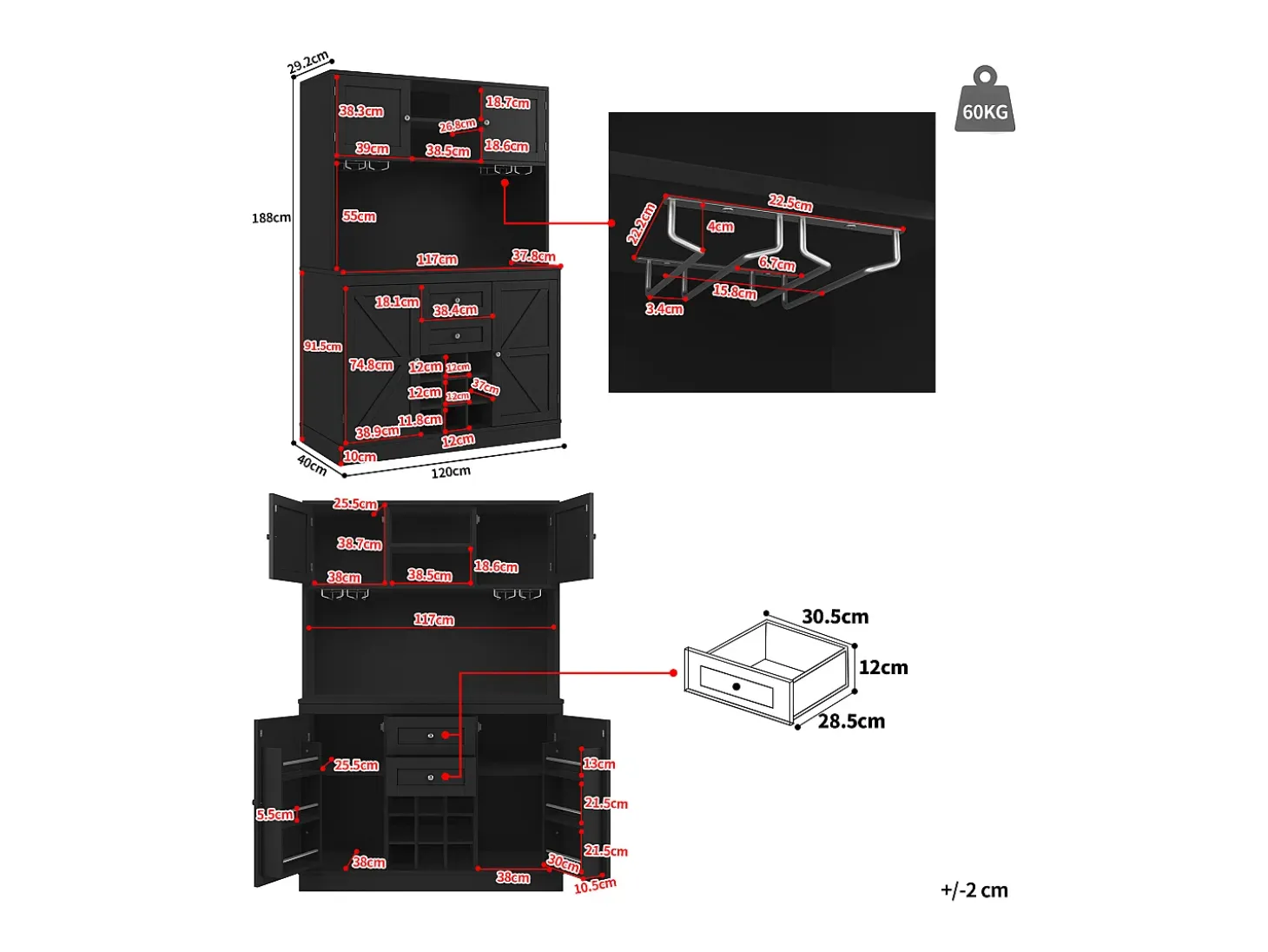 Aparador de cocina con estantes regulables y botellero, MDF, negro (120x40x188 cm)