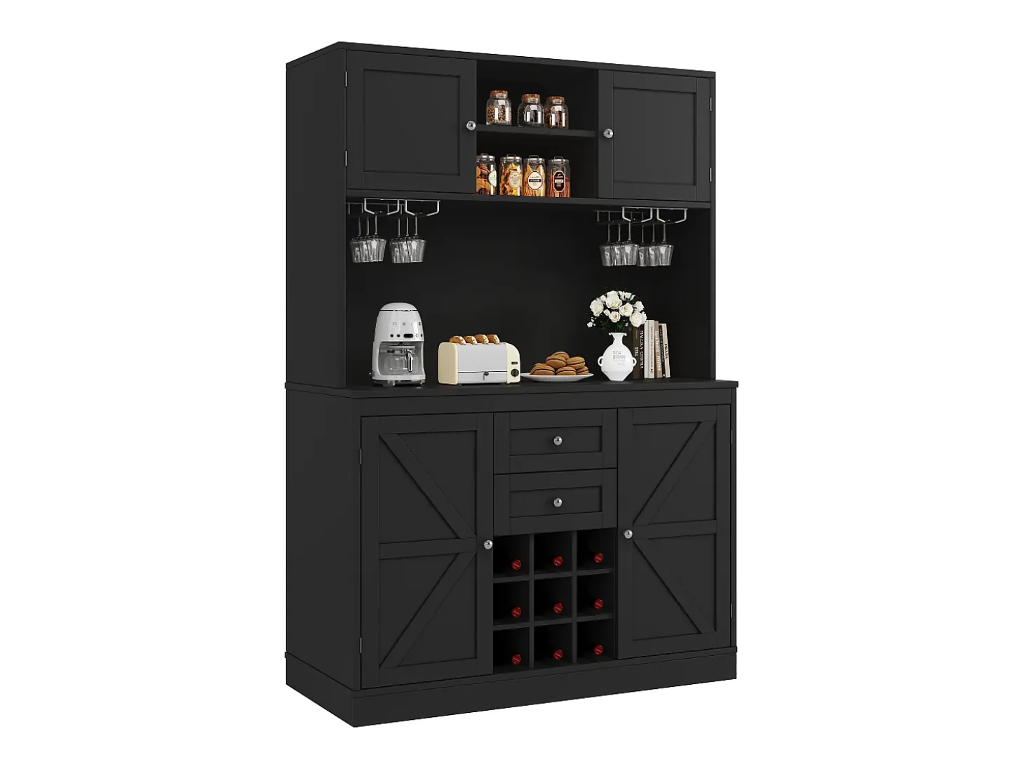 Aparador de cocina con estantes regulables y botellero, MDF, negro (120x40x188 cm)