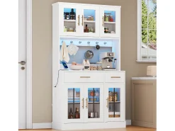 Aparador de cocina con iluminación LED, toma de corriente, 6 puertas de cristal y 2 cajones - Estantes regulables - Blanco
