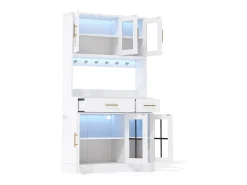 Aparador de cocina con iluminación LED, toma de corriente, 6 puertas de cristal y 2 cajones - Estantes regulables - Blanco