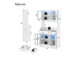 Aparador de cocina con iluminación LED, toma de corriente, 6 puertas de cristal y 2 cajones - Estantes regulables - Blanco