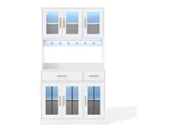 Aparador de cocina con iluminación LED, toma de corriente, 6 puertas de cristal y 2 cajones - Estantes regulables - Blanco