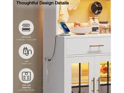 Aparador de cocina con iluminación LED, toma de corriente, 6 puertas de cristal y 2 cajones - Estantes regulables - Blanco
