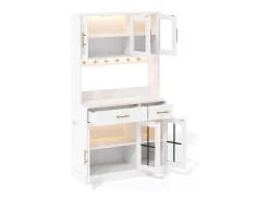 Aparador de cocina con iluminación LED, toma de corriente, 6 puertas de cristal y 2 cajones - Estantes regulables - Blanco