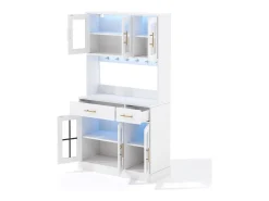 Aparador de cocina con iluminación LED, toma de corriente, 6 puertas de cristal y 2 cajones - Estantes regulables - Blanco
