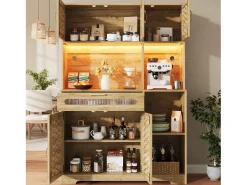 Aparador de cocina con iluminación LED, 5 puertas y cajón - Puertas de MDF trenzado - Natural