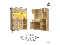Aparador de cocina con iluminación LED, 5 puertas y cajón - Puertas de MDF trenzado - Natural