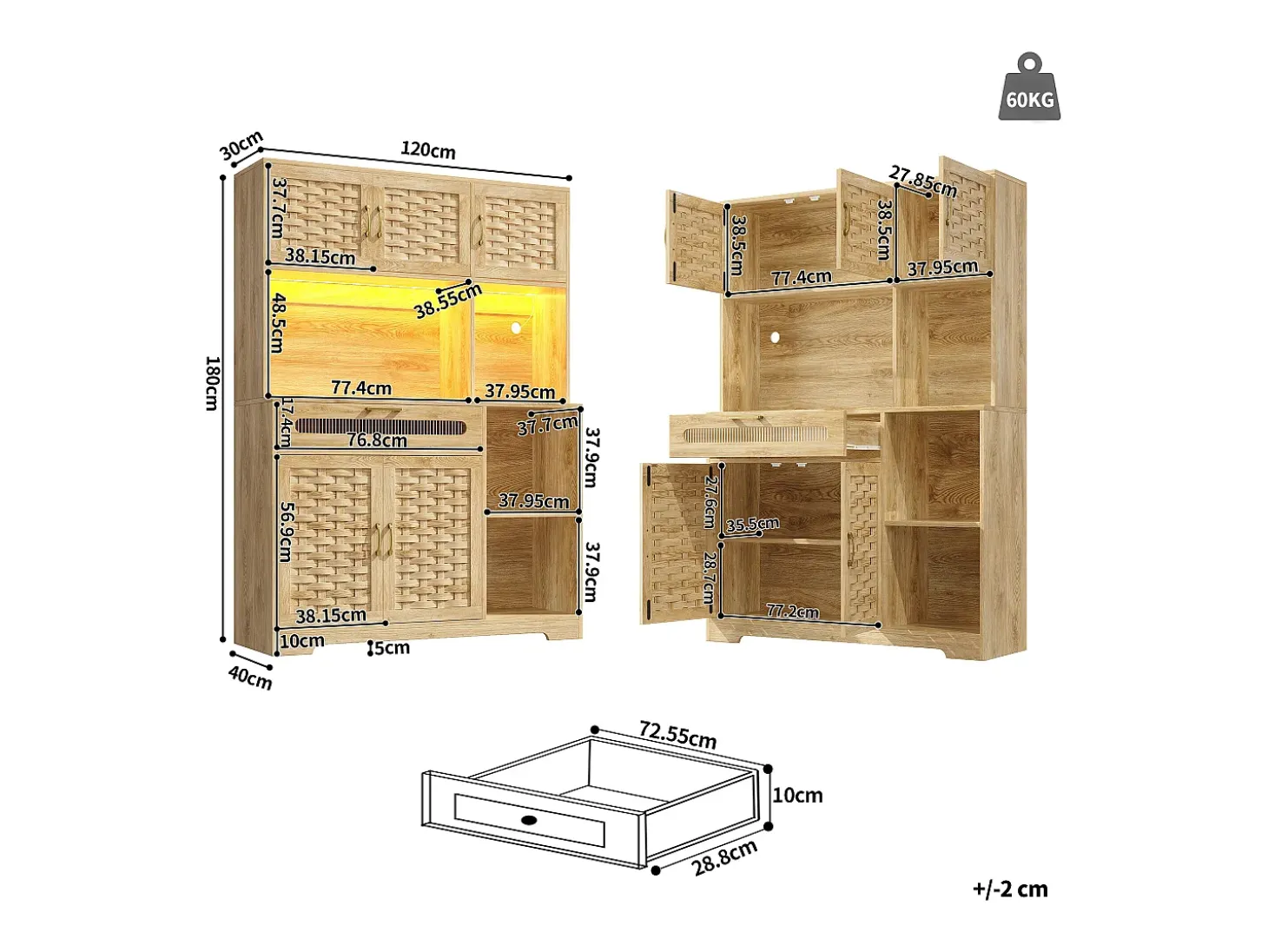 Aparador de cocina con iluminación LED, 5 puertas y cajón - Puertas de MDF trenzado - Natural