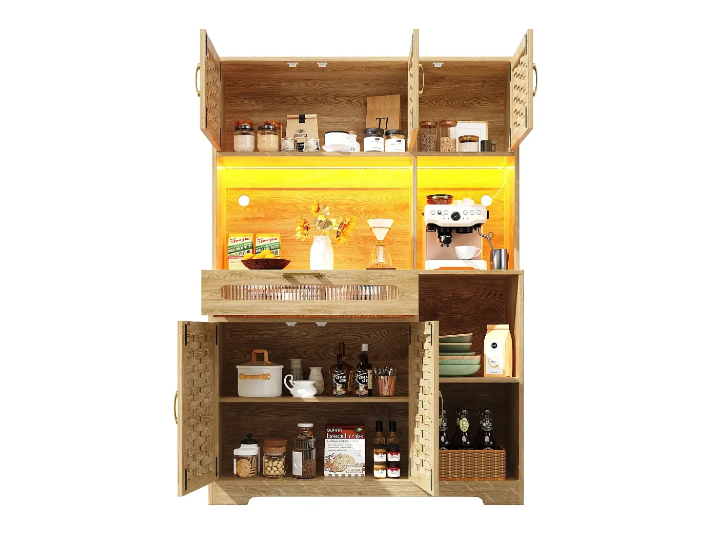 Aparador de cocina con iluminación LED, 5 puertas y cajón - Puertas de MDF trenzado - Natural