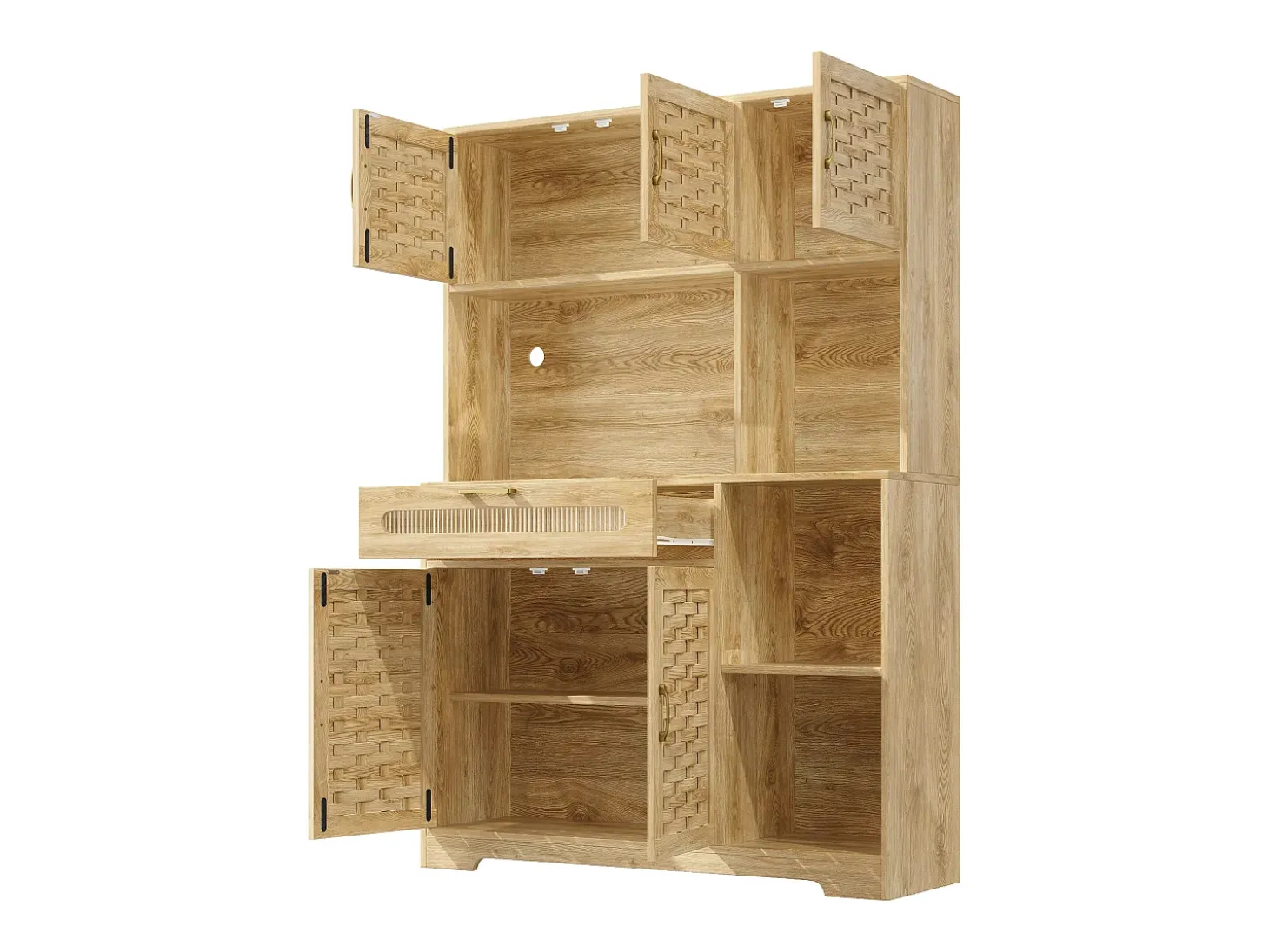 Aparador de cocina con iluminación LED, 5 puertas y cajón - Puertas de MDF trenzado - Natural