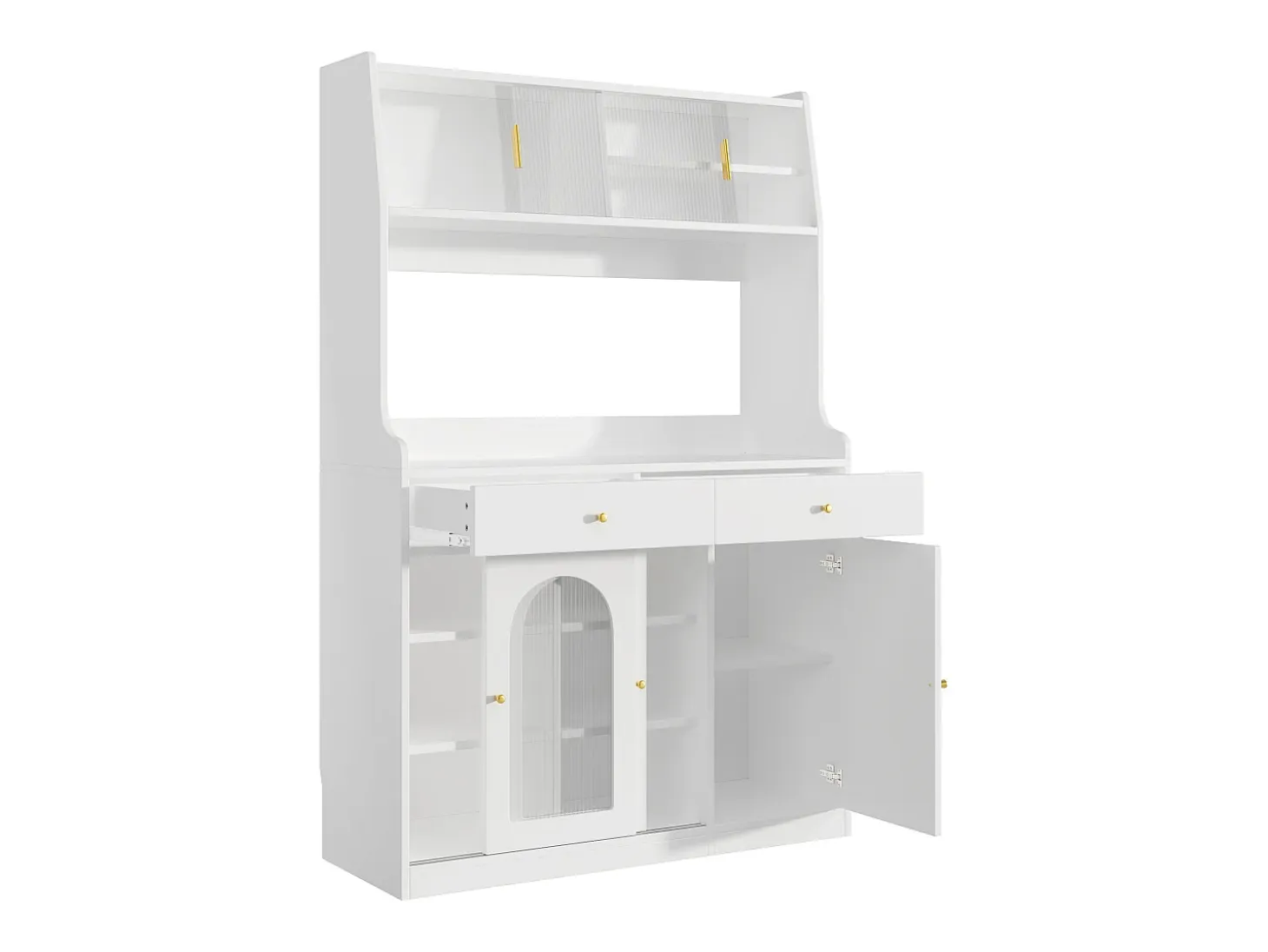 Aparador de cocina con iluminación LED, 4 puertas correderas de cristal, 1 puerta y 2 cajones - Blanco