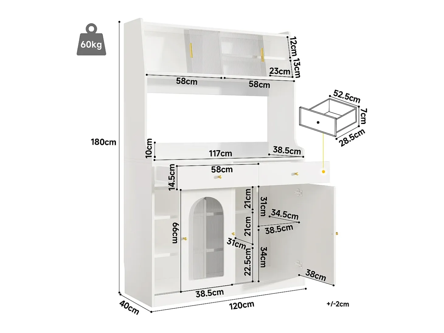 Aparador de cocina con iluminación LED, 4 puertas correderas de cristal, 1 puerta y 2 cajones - Blanco