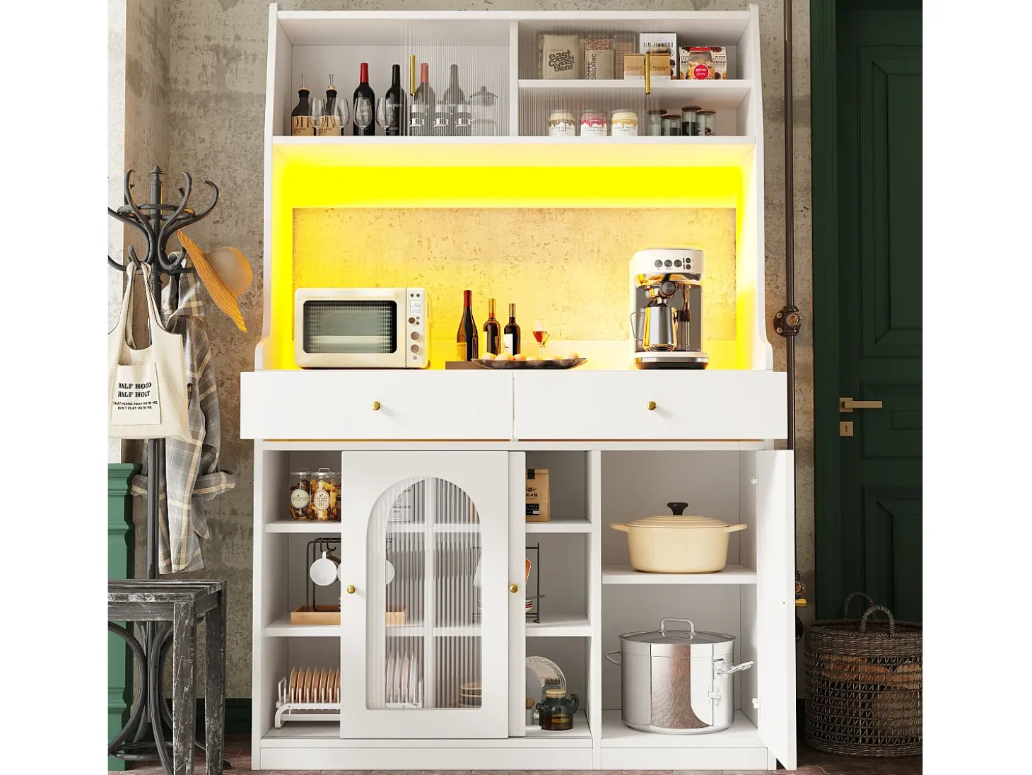 Aparador de cocina con iluminación LED, 4 puertas correderas de cristal, 1 puerta y 2 cajones - Blanco