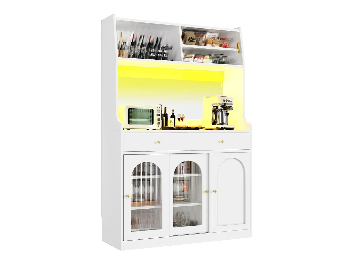 Aparador de cocina con iluminación LED, 4 puertas correderas de cristal, 1 puerta y 2 cajones - Blanco