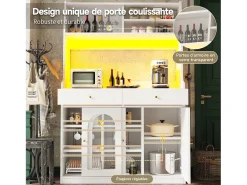 Aparador de cocina con iluminación LED, 4 puertas correderas de cristal, 1 puerta y 2 cajones - Blanco