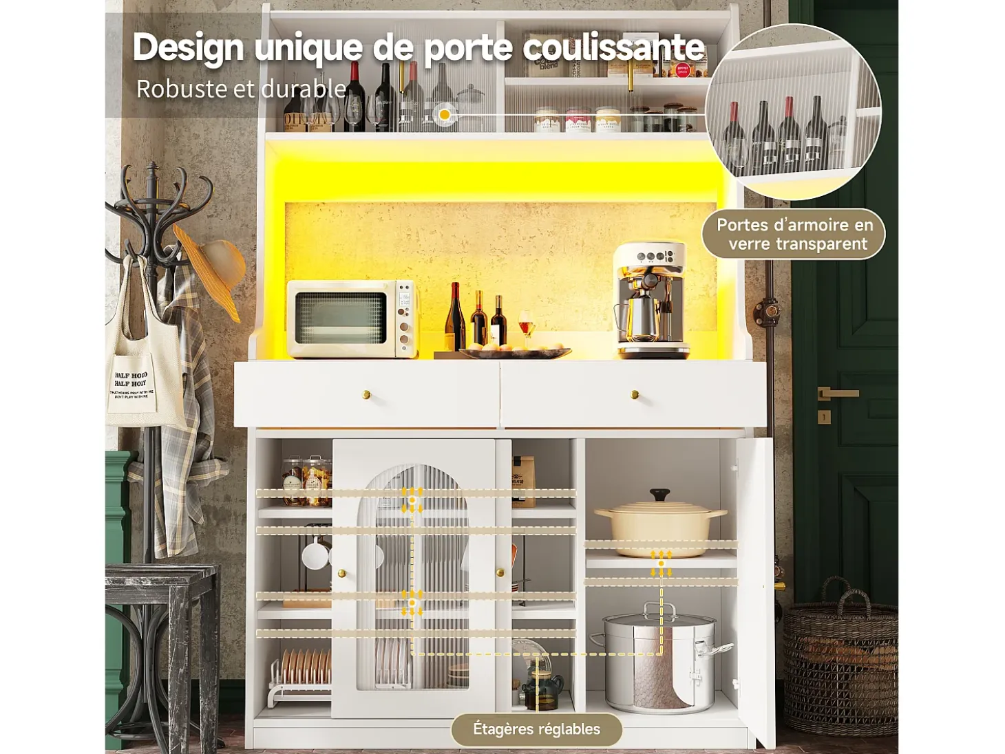 Aparador de cocina con iluminación LED, 4 puertas correderas de cristal, 1 puerta y 2 cajones - Blanco