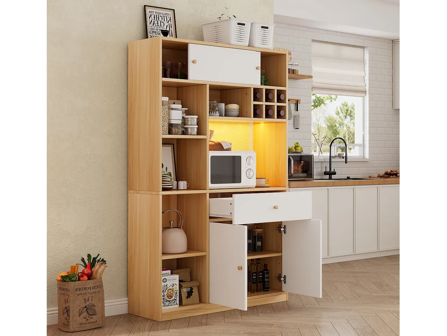 Aparador de cocina con iluminación LED, cajón y puertas - Gran capacidad de almacenaje - Color blanco y madera
