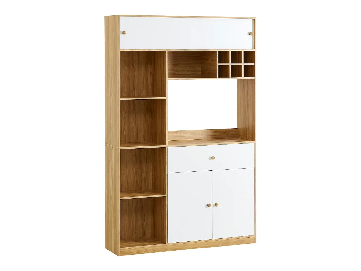 Aparador de cocina con iluminación LED, cajón y puertas - Gran capacidad de almacenaje - Color blanco y madera