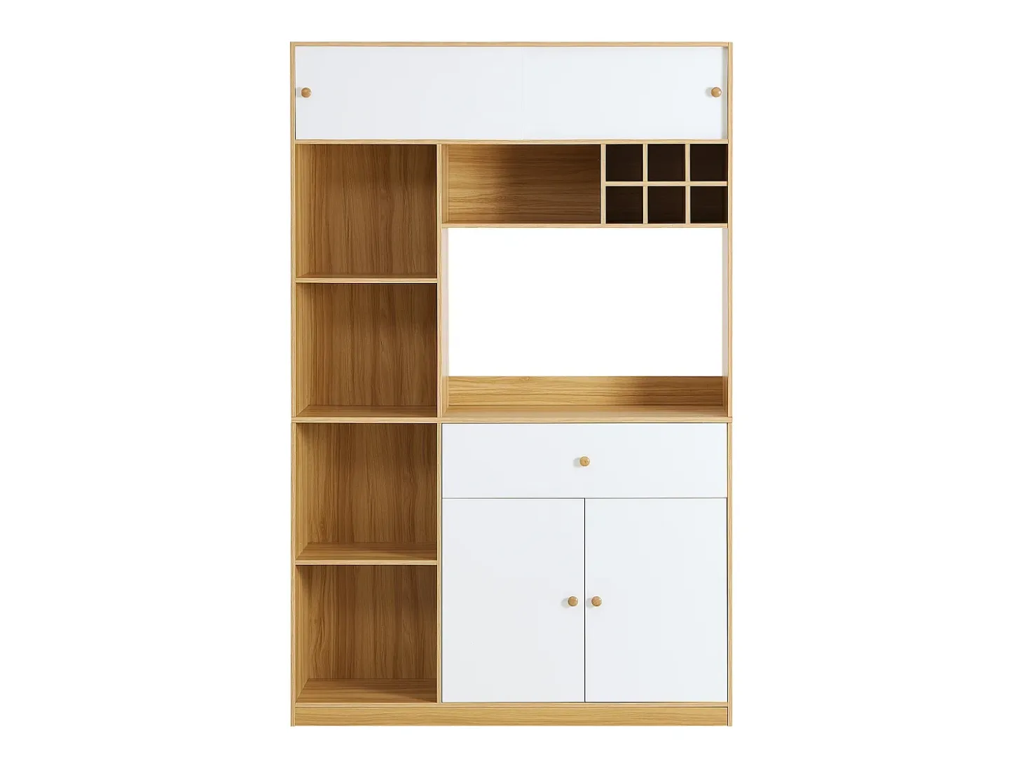 Aparador de cocina con iluminación LED, cajón y puertas - Gran capacidad de almacenaje - Color blanco y madera