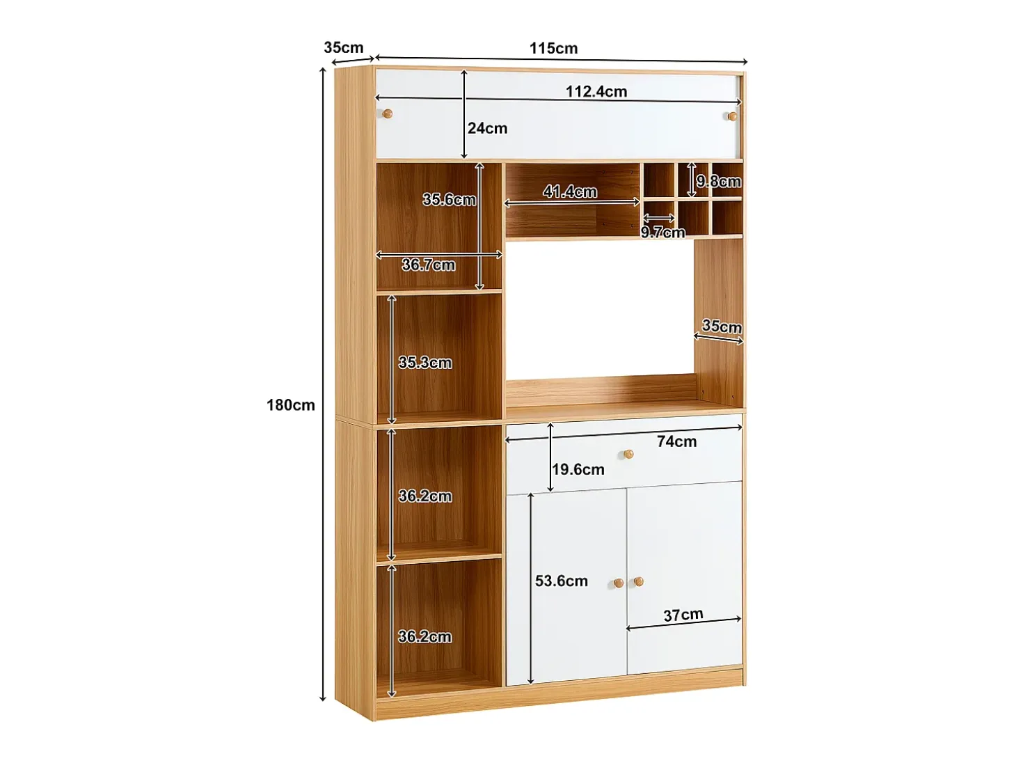 Aparador de cocina con iluminación LED, cajón y puertas - Gran capacidad de almacenaje - Color blanco y madera