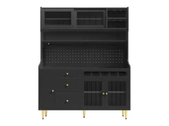 Aparador de cocina con iluminación LED, 4 puertas, 3 cajones y botellero - Negro