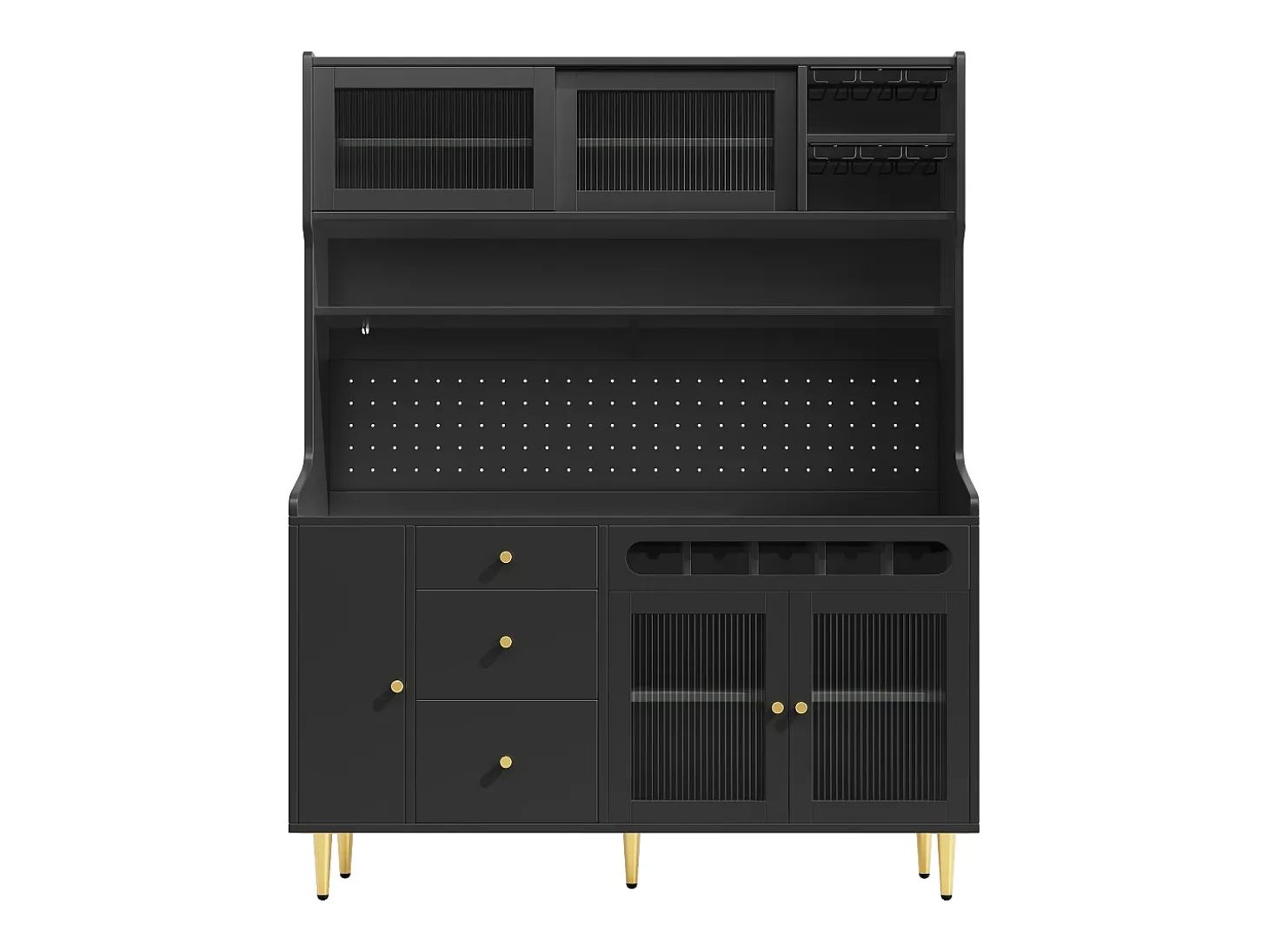 Aparador de cocina con iluminación LED, 4 puertas, 3 cajones y botellero - Negro