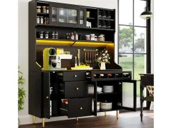 Aparador de cocina con iluminación LED, 4 puertas, 3 cajones y botellero - Negro