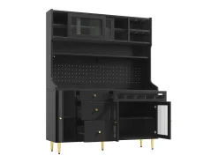 Aparador de cocina con iluminación LED, 4 puertas, 3 cajones y botellero - Negro